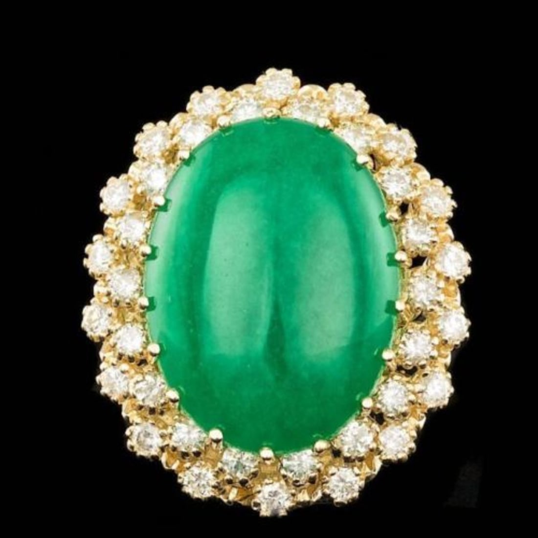 14K Yellow Gold 13.47ct Jadeite and 1.28ct Diamond Ring: Retail: $17,830.00 ****** 14K Yellow Gold 13.47ct Jadeite and 1.28ct Diamond Ring ****** Metal: 14K Yellow Gold / Total Item Weight: 13.0 Grams / Country Made: United States / / Main Stone: Jadeite / 