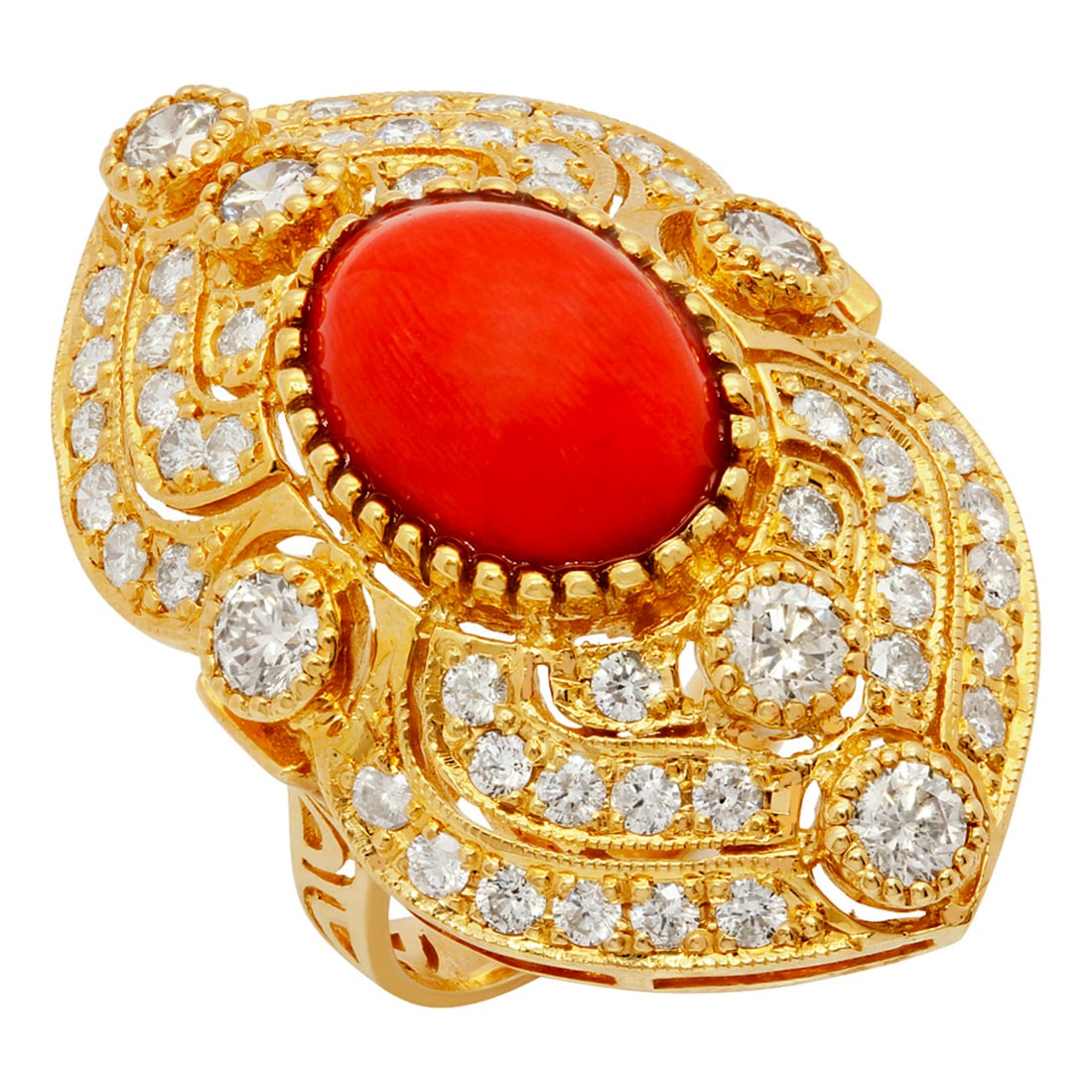 14k Yellow Gold 5.10ct Coral 1.59ct Diamond Ring: Retail: $13,165.00 ****** 14k Yellow Gold 5.10ct Coral 1.59ct Diamond Ring ****** Metal: 14K Yellow Gold / Total Item Weight: 12.40 grams / Country Made: United States / / Main Stone: Coral / Color: