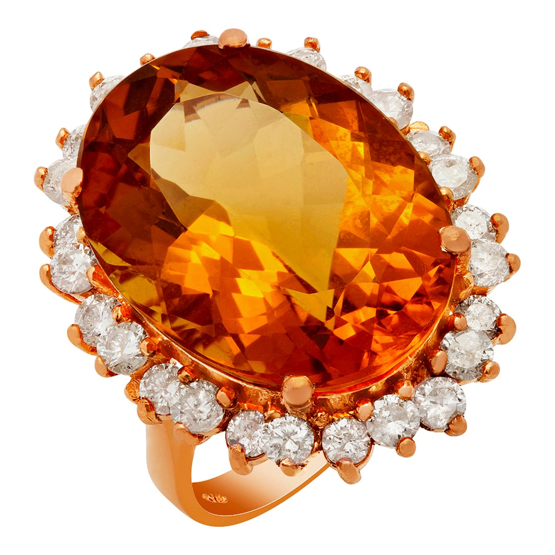 14k Rose Gold 16.15ct Citrine 1.26ct Diamond Ring: Retail: $9,990.00 ****** 14k Rose Gold 16.15ct Citrine 1.26ct Diamond Ring ****** Metal: 14K Rose Gold / Total Item Weight: 9.96 grams / Country Made: United States / / Main Stone: Citrine / Color: