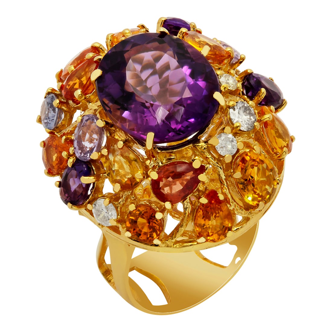 14k Yellow Gold 8.60ct Amethyst 7.71ct Multi-Stone 0.51ct Diamond Ring: Retail: $8,490.00 ****** 14k Yellow Gold 8.60ct Amethyst 7.71ct Multi-Stone 0.51ct Diamond Ring ****** Metal: 14K Yellow Gold / Total Item Weight: 15.70 grams / Country Made: United States / / Main St
