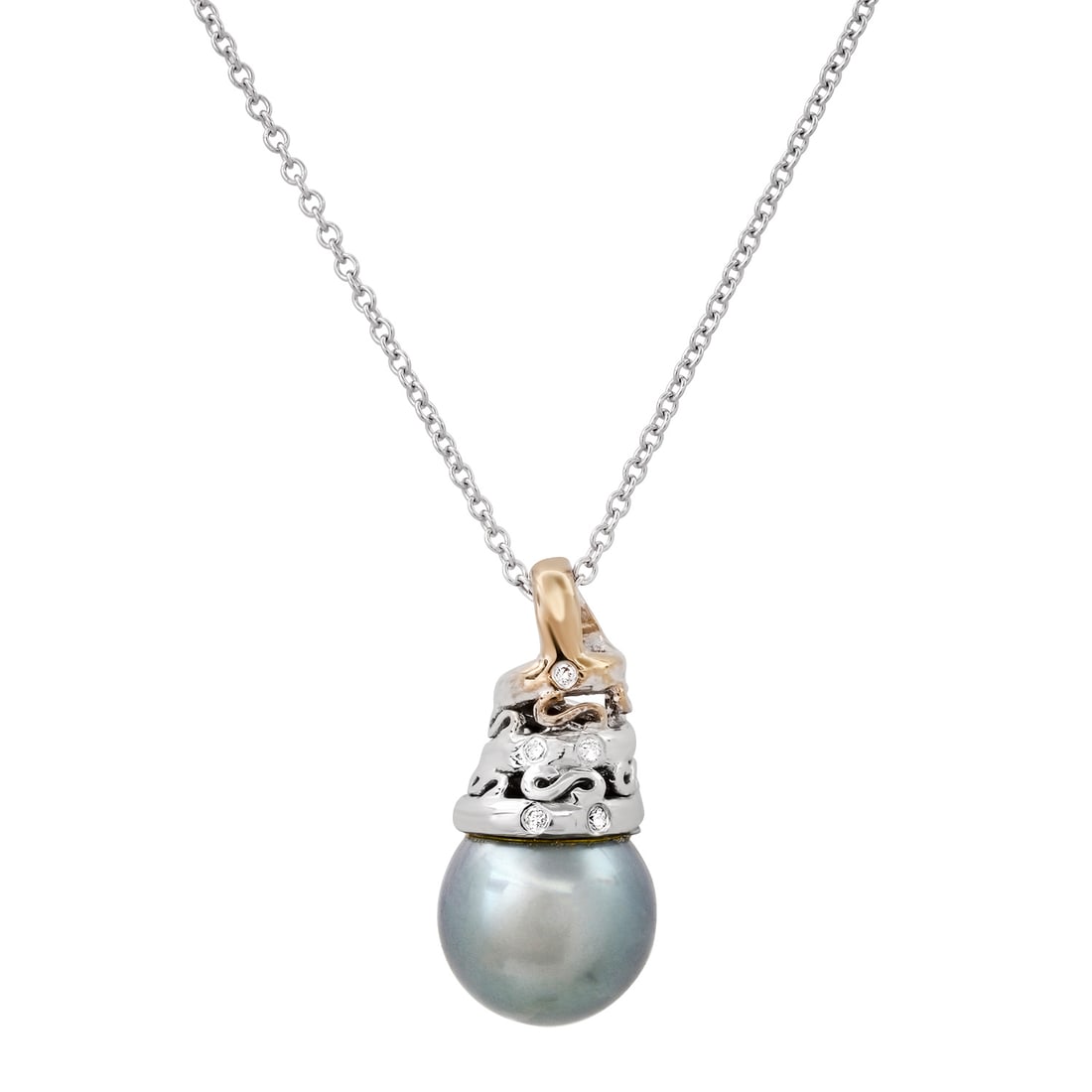 14K White and Yellow Gold Setting with 8.8mm South Sea Pearl and 0.04ct Diamond Pendant: Retail: $1,350.00 ****** 14K White and Yellow Gold Setting with 8.8mm South Sea Pearl and 0.04ct Diamond Pendant ****** Size: 18 / Metal: 14K White and Yellow Gold / Total Item Weight: 3.72 Grams /