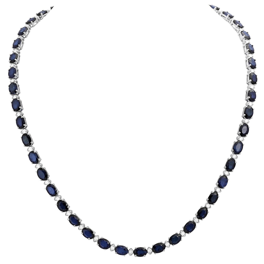 14k White Gold 34.67ct Sapphire 1.48ct Diamond Necklace: Retail: $21,450.00 ****** 14k White Gold 34.67ct Sapphire 1.48ct Diamond Necklace ****** Metal: 14K White Gold / Total Item Weight: 24.10 grams / Country Made: United States / / Main Stone: Sapphire /