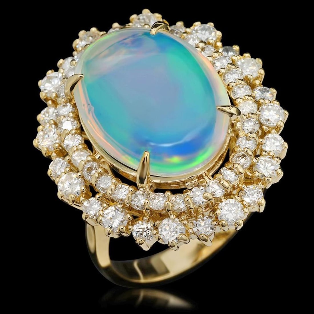 14K Yellow Gold 6.52ct Opal and 1.79ct Diamond Ring: Retail: $11,825.00 ****** 14K Yellow Gold 6.52ct Opal and 1.79ct Diamond Ring ****** Metal: 14K Yellow Gold / Total Item Weight: 8.6 Grams / Country Made: United States / / Main Stone: Opal / Color: P