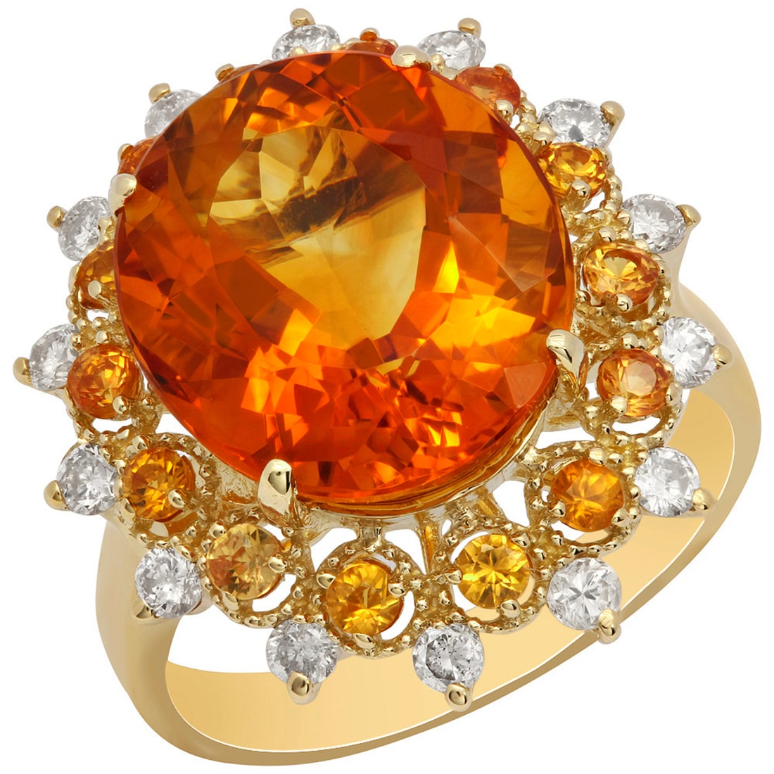 14k Yellow Gold 7.11ct Citrine 0.58ct Orange Sapphire 0.47ct Diamond Ring: Retail: $4,875.00 ****** 14k Yellow Gold 7.11ct Citrine 0.58ct Orange Sapphire 0.47ct Diamond Ring ****** Metal: 14K Yellow Gold / Total Item Weight: 6.10 grams / Country Made: United States / / Main 