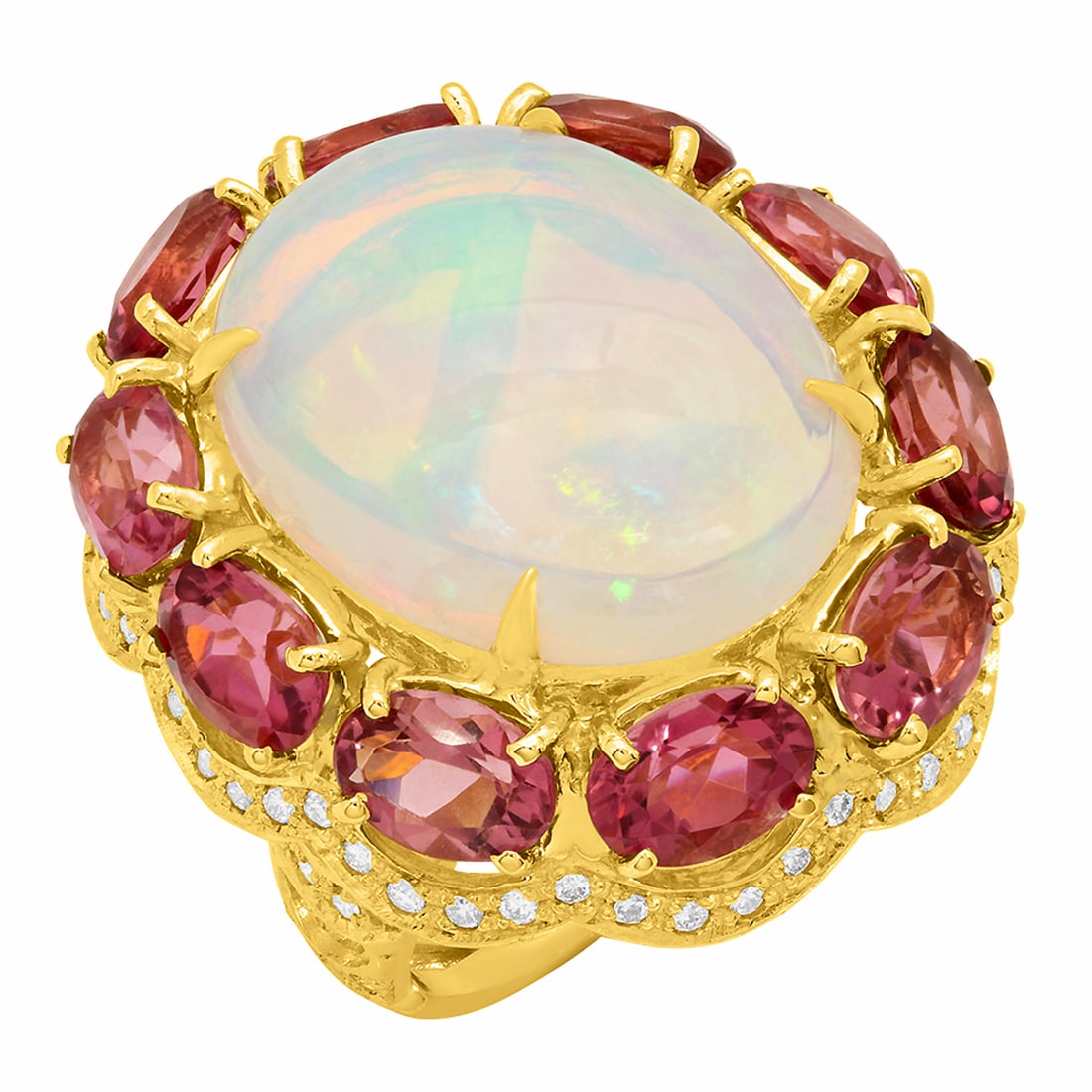 14k Yellow Gold 10.52ct Opal 8.67ct Pink Tourmaline 1.10ct Diamond Ring: Retail: $11,825.00 ****** 14k Yellow Gold 10.52ct Opal 8.67ct Pink Tourmaline 1.10ct Diamond Ring ****** Metal: 14K Yellow Gold / Total Item Weight: 16.67 grams / Country Made: United States / / Main