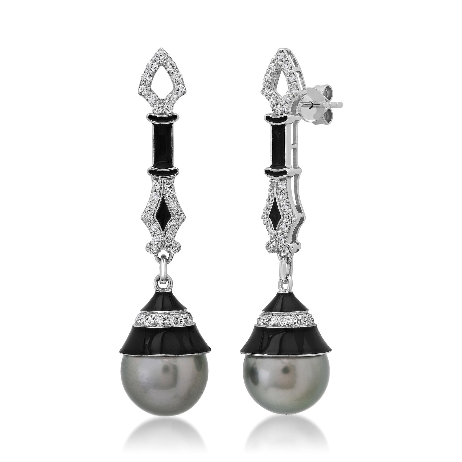 14K White Gold Ladies Earrings with two 11mm Tahition Pearls and 0.84tcw Adjacent Diamonds: Retail: $16,930.00 ****** 14K White Gold Ladies Earrings with two 11mm Tahition Pearls and 0.84tcw Adjacent Diamonds ****** Size: 1.75 Long / Metal: 14K White Gold / Total Item Weight: 9.2 Grams / Cou