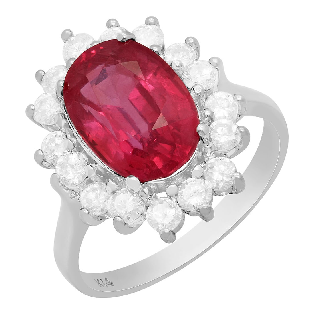 14k White Gold 4.61ct Ruby 0.98ct Diamond Ring: Retail: $7,120.00 ****** 14k White Gold 4.61ct Ruby 0.98ct Diamond Ring ****** Metal: 14K White Gold / Total Item Weight: 4.90 grams / Country Made: United States / / Main Stone: Ruby / Color: Intense