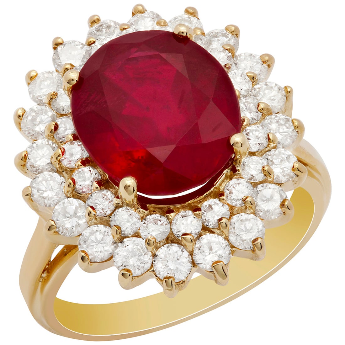 14K Gold 5.77ct Ruby and 1.46ct Diamond Ring: Retail: $4,900.00 ****** 14K Gold 5.77ct Ruby and 1.46ct Diamond Ring ****** Metal: 14K Yellow Gold / Total Item Weight: 7.10 Grams / Country Made: United States / / Main Stone: Ruby / Color: Red /