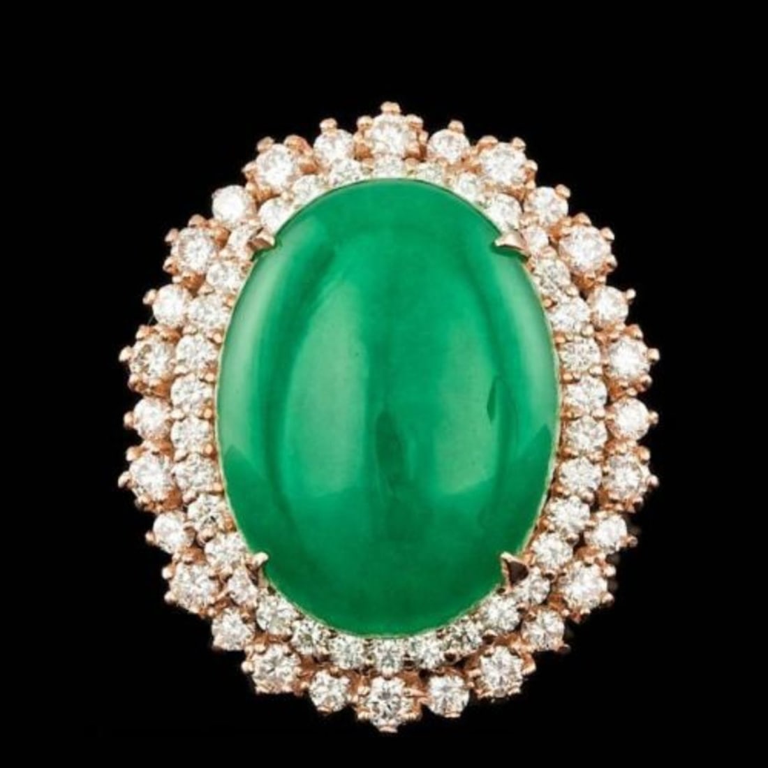 14K Rose Gold 12.34ct Natural Jadeite and 1.95ct Diamond Ring: Retail: $25,000.00 ****** 14K Rose Gold 12.34ct Natural Jadeite and 1.95ct Diamond Ring ****** Metal: 14K Rose Gold / Total Item Weight: 11.5 Grams / Country Made: United States / / Main Stone: Jadeit