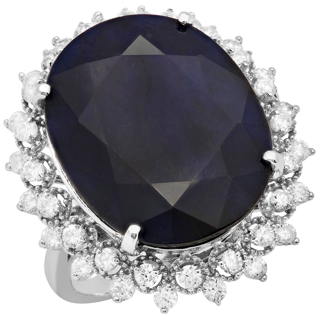 14k White Gold 24.37ct Sapphire 1.14ct Diamond Ring: Retail: $16,200.00 ****** 14k White Gold 24.37ct Sapphire 1.14ct Diamond Ring ****** Metal: 14K White Gold / Total Item Weight: 11.10 grams / Country Made: United States / / Main Stone: Sapphire / Col