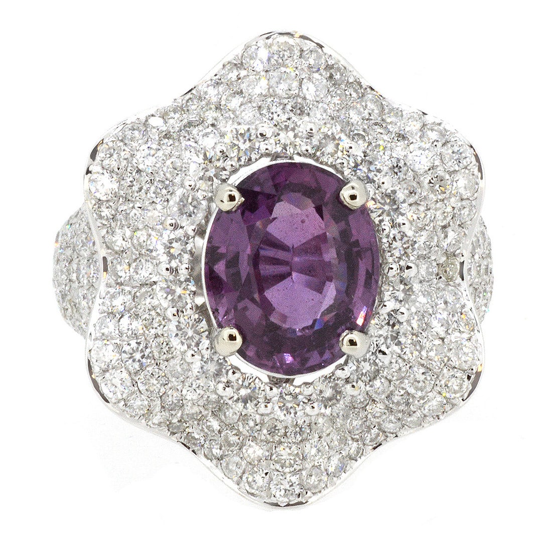 18K White Gold Ladies Ring with 3.80ct GIA Pink Sapphire and 2.29ct tw Adjacent Diamonds: Retail: $14,000.00 ****** 18K White Gold Ladies Ring with 3.80ct GIA Pink Sapphire and 2.29ct tw Adjacent Diamonds ****** Size: 6.5 / Metal: 18K White Gold / Total Item Weight: 8.7 Grams / Country Mad