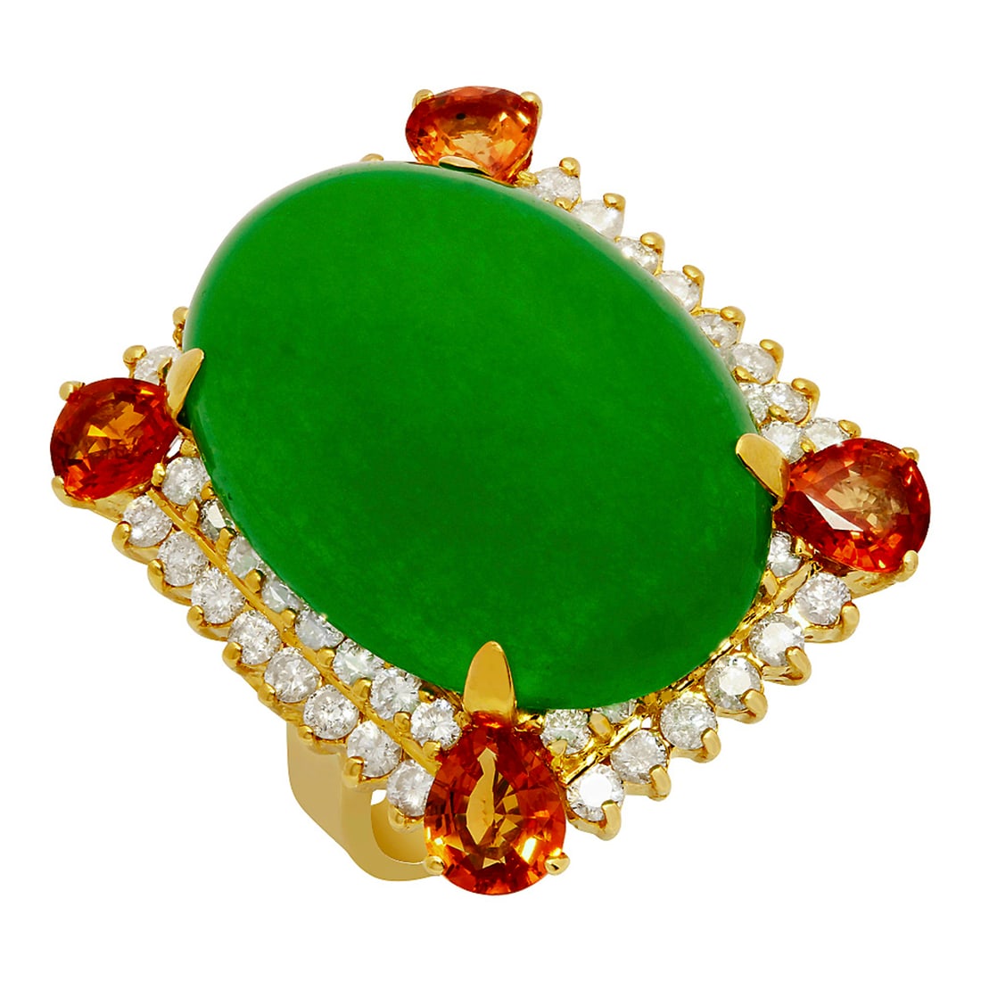 14k Yellow Gold 26.42ct Jade 2.00ct Sapphire 1.85ct Diamond Ring: Retail: $12,825.00 ****** 14k Yellow Gold 26.42ct Jade 2.00ct Sapphire 1.85ct Diamond Ring ****** Metal: 14K Yellow Gold / Total Item Weight: 17.40 grams / Country Made: United States / / Main Stone: