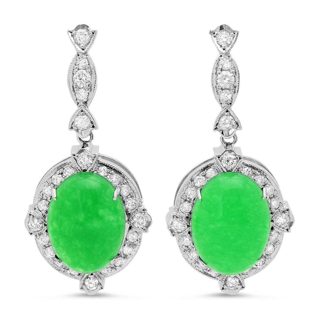 14K Gold 17.99ct Jadeite 1.97cts Diamond Earrings: Retail: $14,731.00 ****** 14K Gold 17.99ct Jadeite 1.97cts Diamond Earrings ****** Metal: 14K White Gold / Total Item Weight: 12.2 grams / Country Made: United States / / Main Stone: Jadeite / Color: 