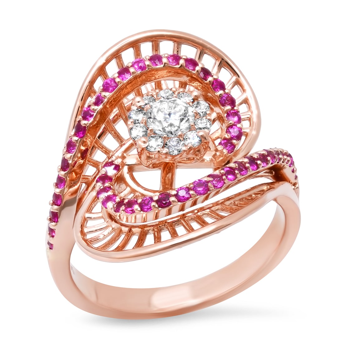 14K Rose Gold Setting with 0.42ct Ruby and 0.37tcw Diamond Ladies Ring: Retail: $6,387.00 ****** 14K Rose Gold Setting with 0.42ct Ruby and 0.37tcw Diamond Ladies Ring ****** Size: 7 (we offer free resizing to winning bidders) / Metal: 14K Rose Gold / Total Item Weight: 6