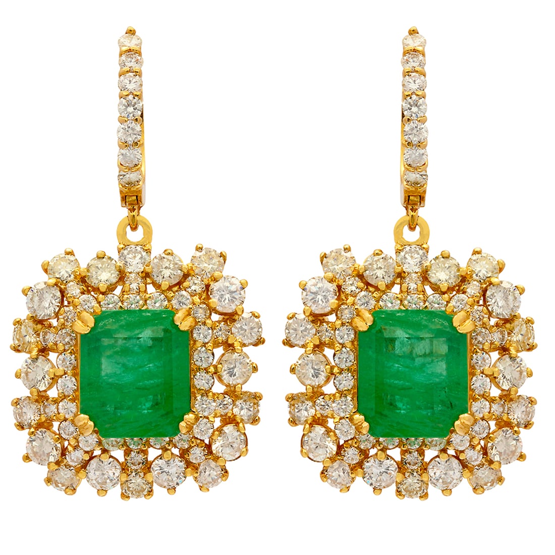 14k Yellow Gold 6.32ct Emerald 5.89ct Diamond Earrings: Retail: $27,810.00 ****** 14k Yellow Gold 6.32ct Emerald 5.89ct Diamond Earrings ****** Metal: 14K Yellow Gold / Total Item Weight: 13.20 grams / Country Made: United States / / Main Stone: Emerald / 