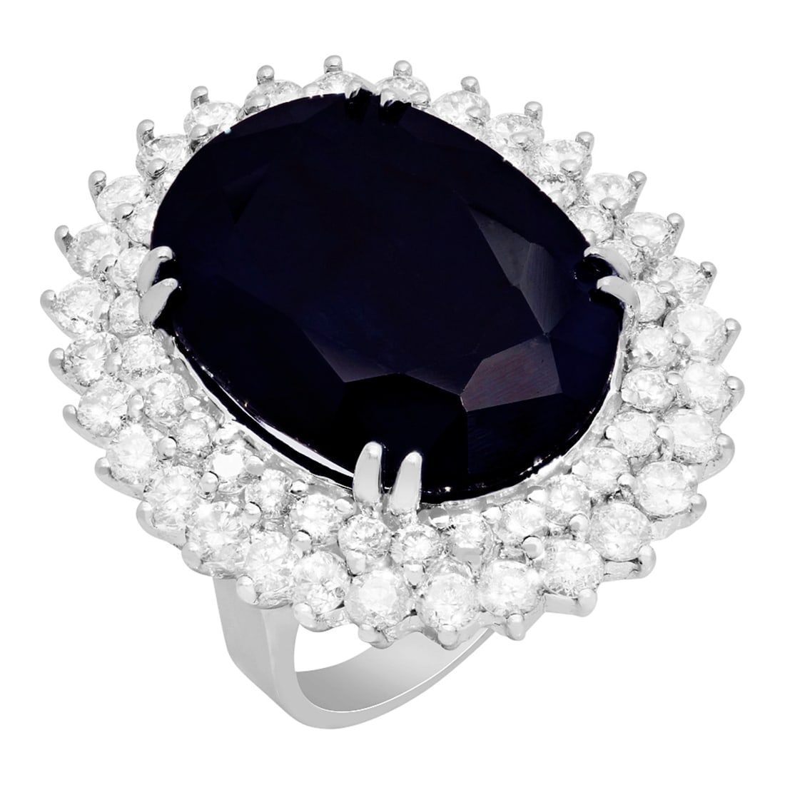 14k White Gold 26.12ct Sapphire 3.41ct Diamond Ring: Retail: $16,105.00 ****** 14k White Gold 26.12ct Sapphire 3.41ct Diamond Ring ****** Metal: 14K White Gold / Total Item Weight: 16.80 grams / Country Made: United States / / Main Stone: Sapphire /