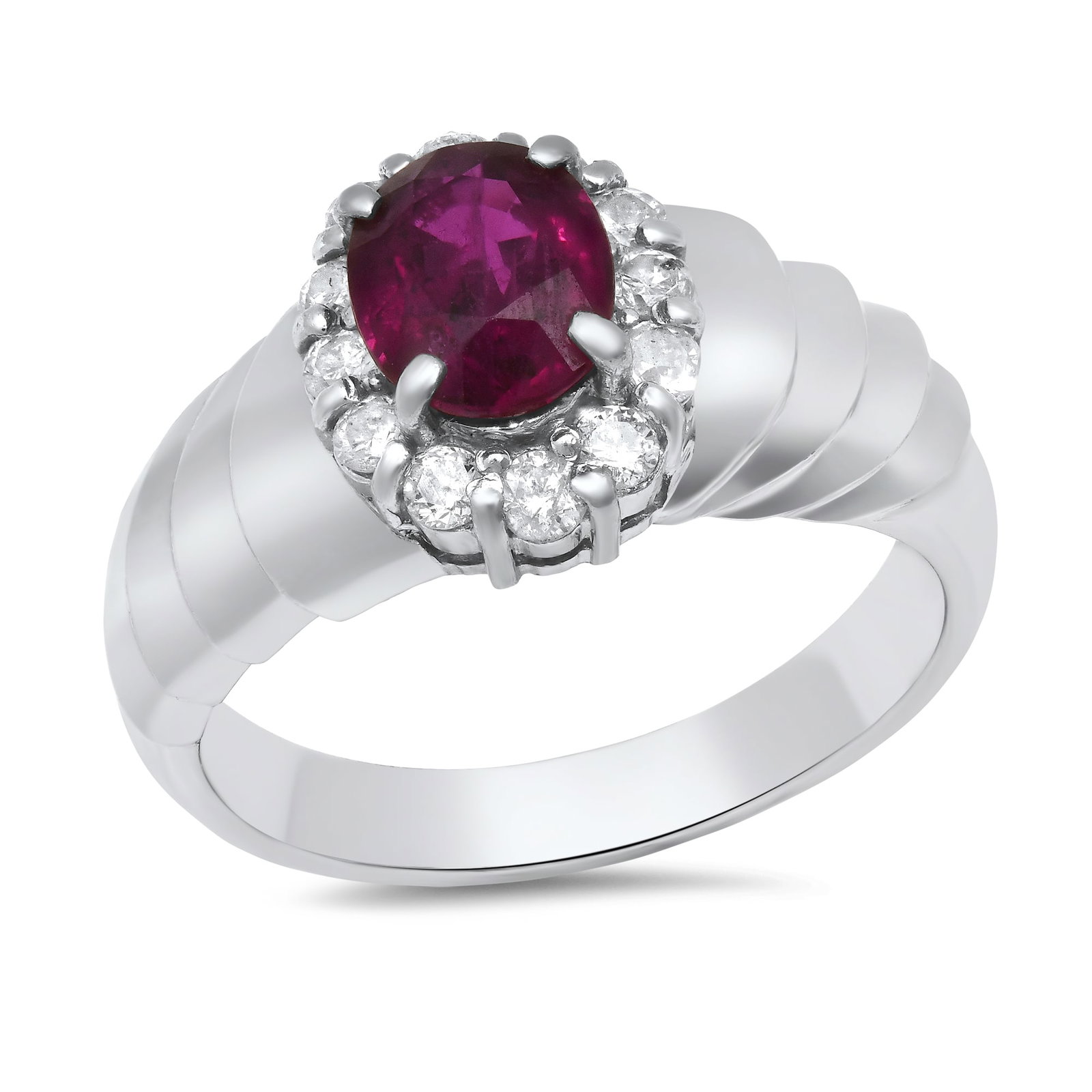 Platinum Ladies Ring with 1.00ct Ruby and 0.35tcw Adjacent Diamonds: Retail: $6,827.00 ****** Platinum Ladies Ring with 1.00ct Ruby and 0.35tcw Adjacent Diamonds ****** Size: 6 (we offer free resizing to winning bidders) / Metal: Platinum / Total Item Weight: 7.4