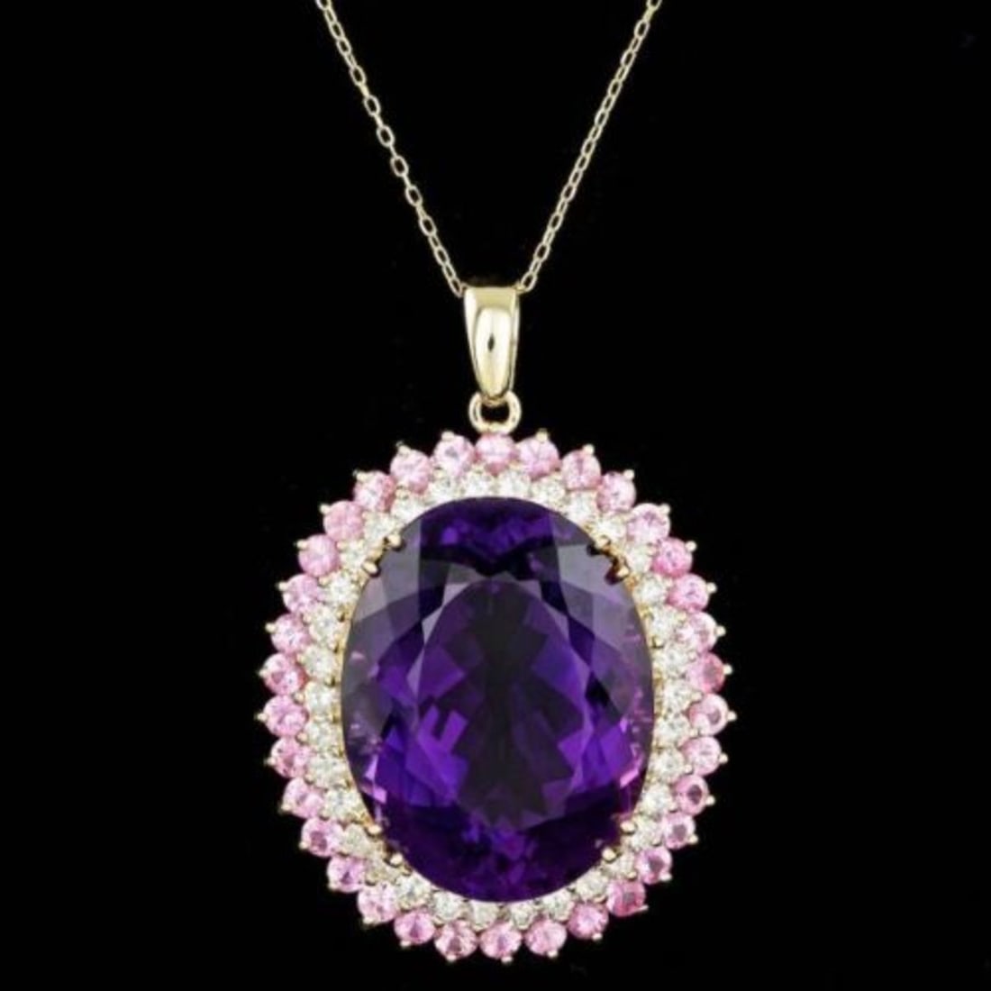 14K Gold 50.10ct Amethyst 4.03ct Sapphire 2.45ct Diamond Pendant: Retail: $19,819.00 ****** 14K Gold 50.10ct Amethyst 4.03ct Sapphire 2.45ct Diamond Pendant ****** Metal: 14K Yellow Gold / Total Item Weight: 27.5 Grams / Country Made: United States / / Main Stone: