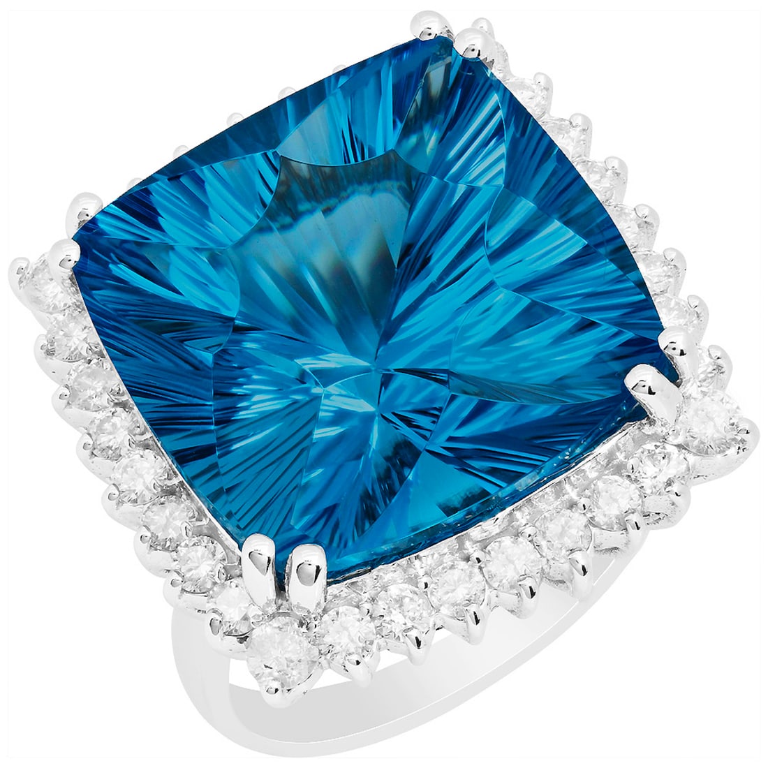 14k White Gold 27.94ct Blue Topaz 1.26ct Diamond Ring: Retail: $11,950.00 ****** 14k White Gold 27.94ct Blue Topaz 1.26ct Diamond Ring ****** Metal: 14K White Gold / Total Item Weight: 14.10 grams / Country Made: United States / / Main Stone: Blue Topaz