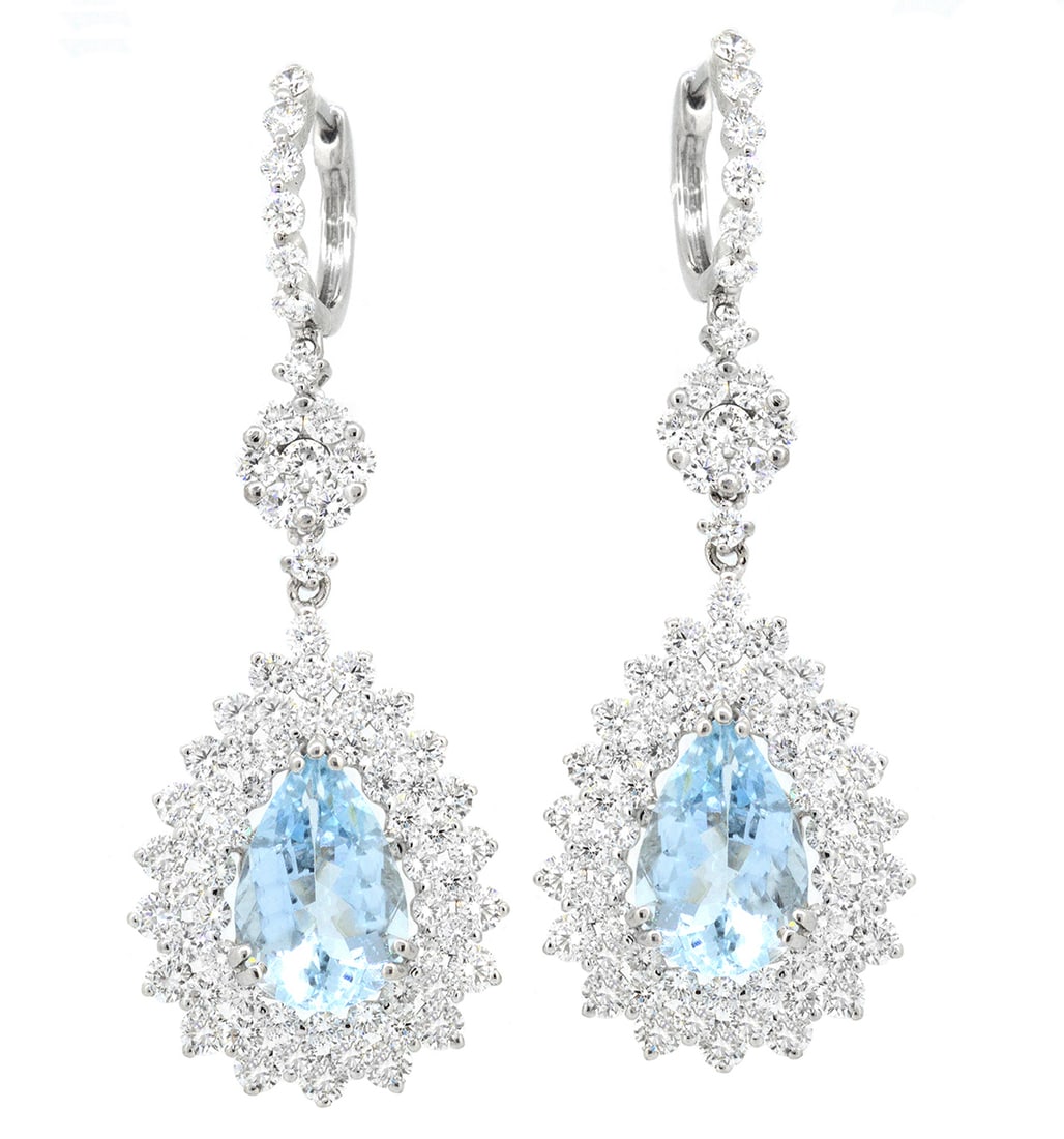18K White Gold Ladies Earrings with 4.79ct Aquamarine and 4.89ct tw Adjacent Diamonds: Retail: $18,000.00 ****** 18K White Gold Ladies Earrings with 4.79ct Aquamarine and 4.89ct tw Adjacent Diamonds ****** Metal: 18K White Gold / Total Item Weight: 9.2 Grams / Country Made: United