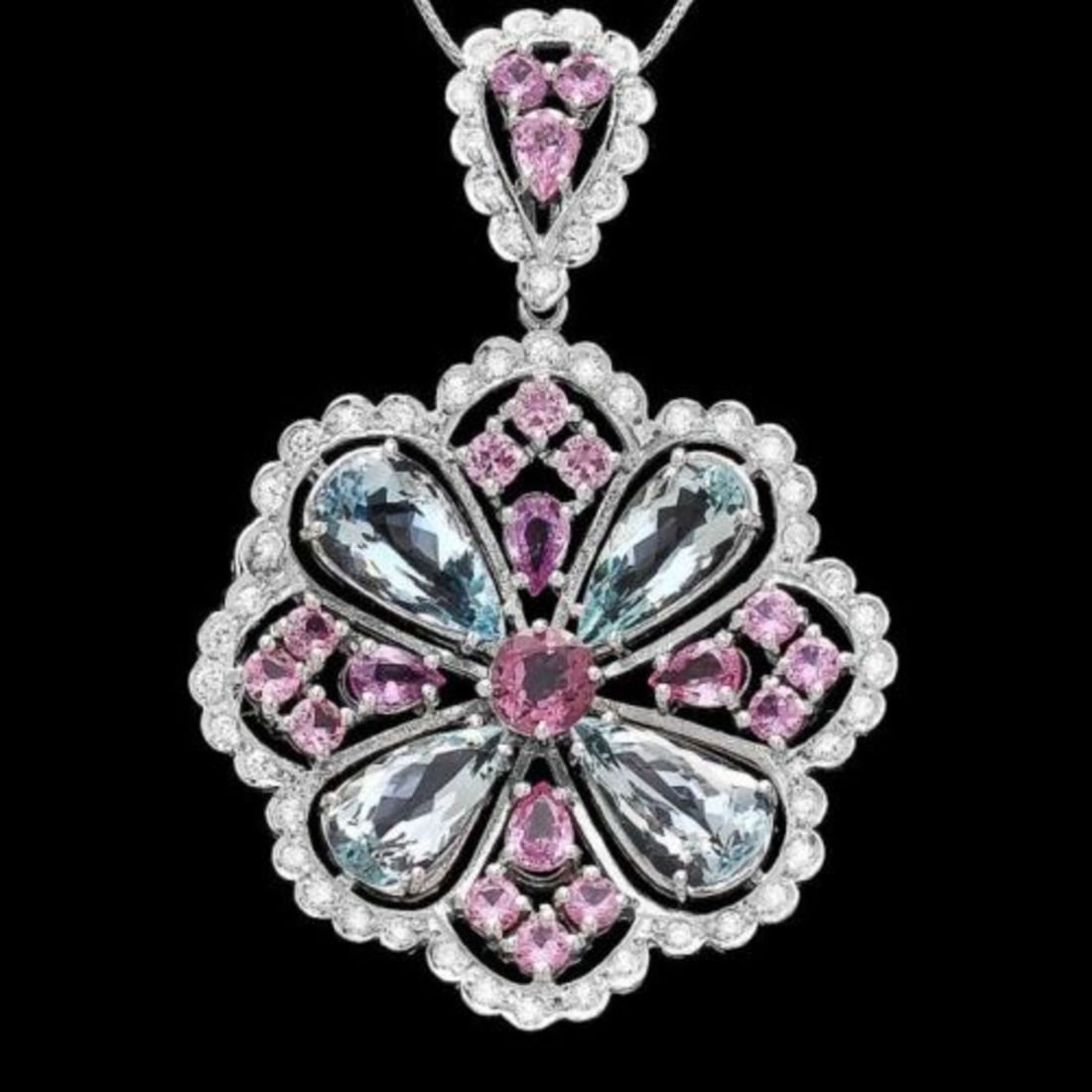 14K Gold 11.85ct Aquamarine 1.56ct Spinel 4.99ct Sapphire and 1.39ct Diamond Pendant: Retail: $12,466.00 ****** 14K Gold 11.85ct Aquamarine 1.56ct Spinel 4.99ct Sapphire and 1.39ct Diamond Pendant ****** Metal: 14K White Gold / Total Item Weight: 17.0 Grams / Country Made: United