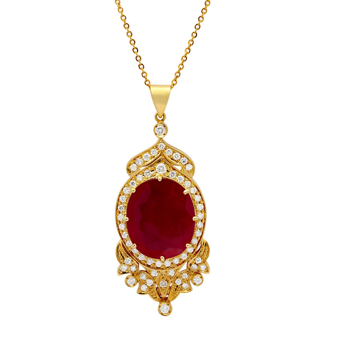 14k Yellow Gold 26.59ct Ruby 1.86ct Diamond Pendant: Retail: $17,285.00 ****** 14k Yellow Gold 26.59ct Ruby 1.86ct Diamond Pendant ****** Metal: 14K Yellow Gold / Total Item Weight: 20.80 grams / Country Made: United States / / Main Stone: Ruby /