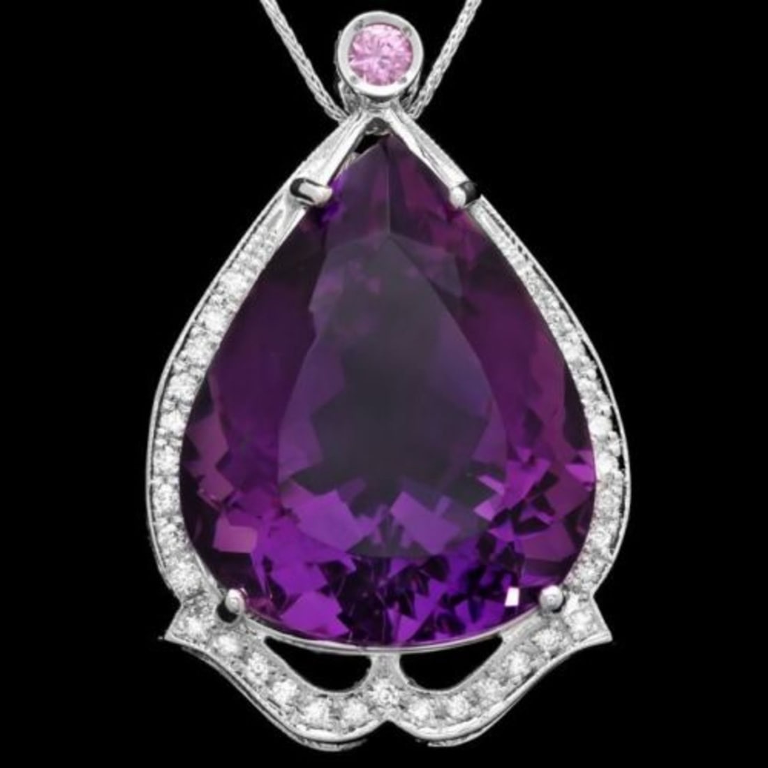 14K Gold 49.11ct Amethyst 0.24ct Pink Sapphire 0.42ct Diamond Pendant: Retail: $16,037.00 ****** 14K Gold 49.11ct Amethyst 0.24ct Pink Sapphire 0.42ct Diamond Pendant ****** Metal: 14K White Gold / Total Item Weight: 21.5 Grams / Country Made: United States / / Main