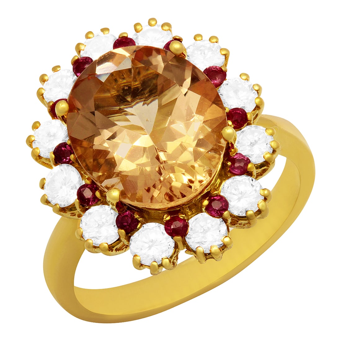 14k Yellow Gold 4.65ct Morganite 0.50ct Ruby 1.05ct Diamond Ring: Retail: $6,770.00 ****** 14k Yellow Gold 4.65ct Morganite 0.50ct Ruby 1.05ct Diamond Ring ****** Metal: 14K Yellow Gold / Total Item Weight: 5.60 grams / Country Made: United States / / Main Stone: Mo