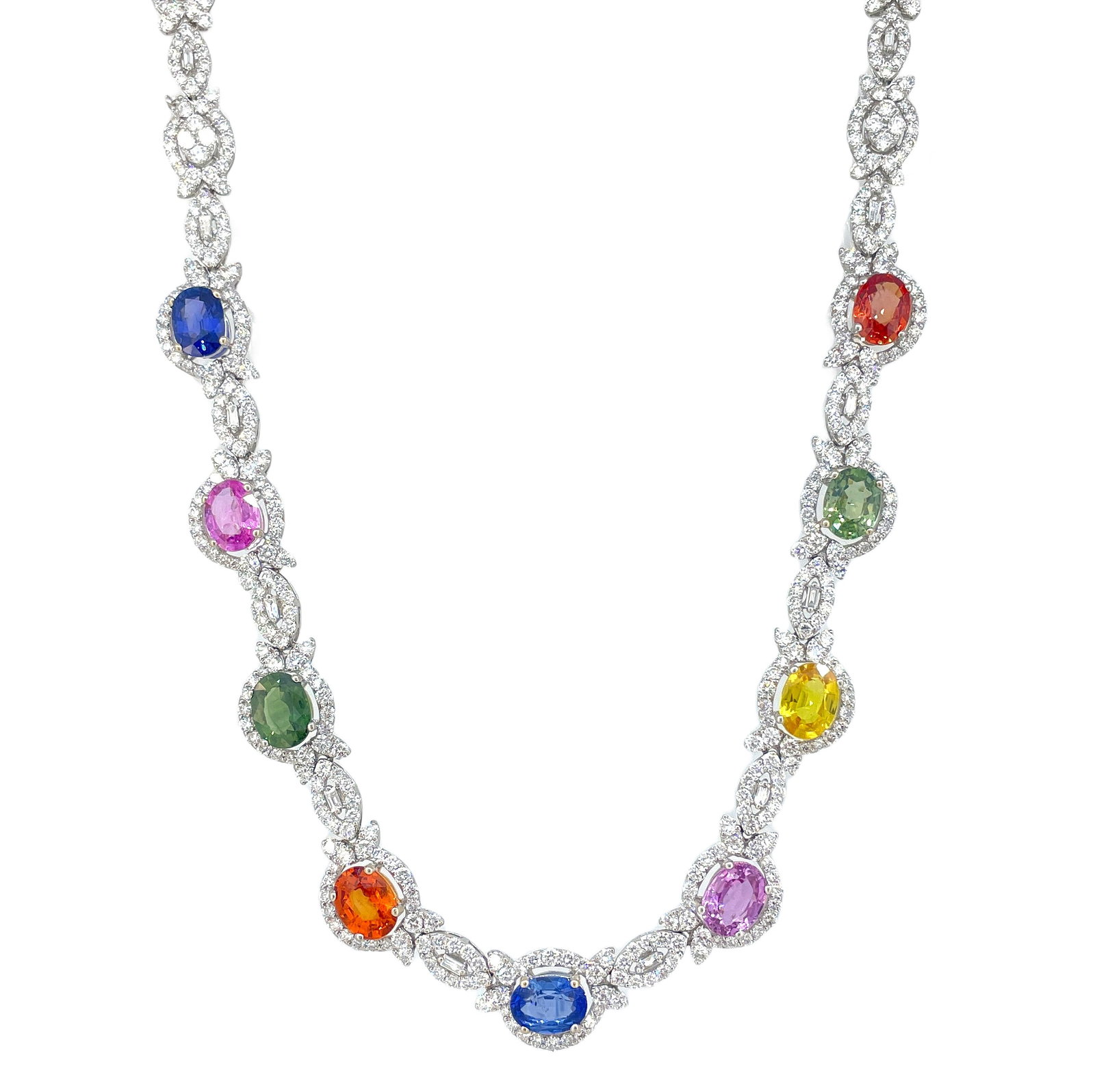 18K White Gold Ladies Necklace with 14.10ct tw Sapphire and 13.21ct tw Diamonds: Retail: $78,000.00 ****** 18K White Gold Ladies Necklace with 14.10ct tw Sapphire and 13.21ct tw Diamonds ****** Metal: 18K White Gold / Total Item Weight: 35.7 Grams / Country Made: United States / /