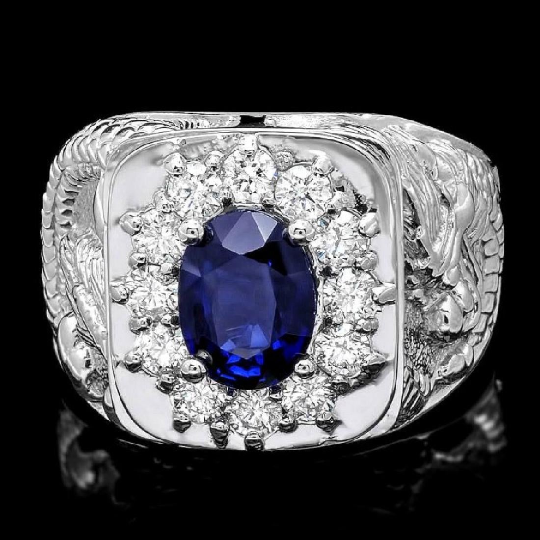 14k White Gold 1.97ct Sapphire and 0.60ct Diamond Mens Ring (1 of 4)