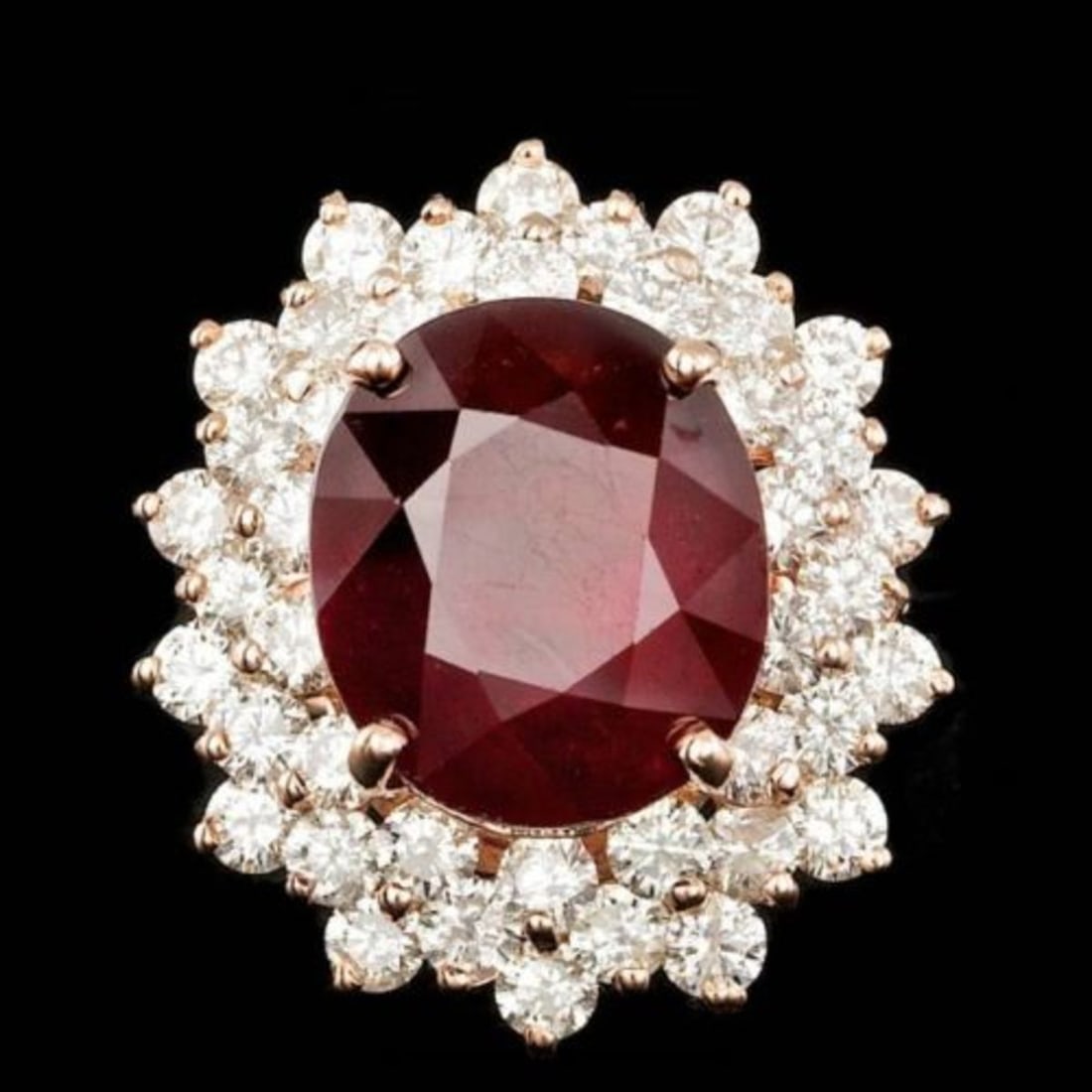 14K Rose Gold 13.13ct Ruby and 3.23ct Diamond Ring: Retail: $23,000.00 ****** 14K Rose Gold 13.13ct Ruby and 3.23ct Diamond Ring ****** Metal: 14K Rose Gold / Total Item Weight: 10.5 Grams / Country Made: United States / / Main Stone: Ruby / Color: Red