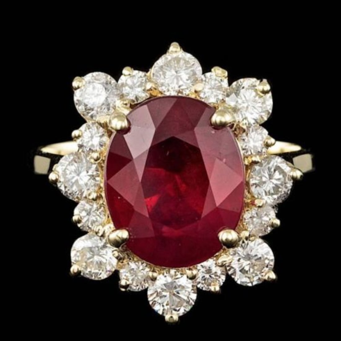 14K Yellow Gold 5.37ct Ruby and 1.36ct Diamond Ring: Retail: $8,450.00 ****** 14K Yellow Gold 5.37ct Ruby and 1.36ct Diamond Ring ****** Metal: 14K Yellow Gold / Total Item Weight: 5.5 Grams / Country Made: United States / / Main Stone: Ruby / Color: Re