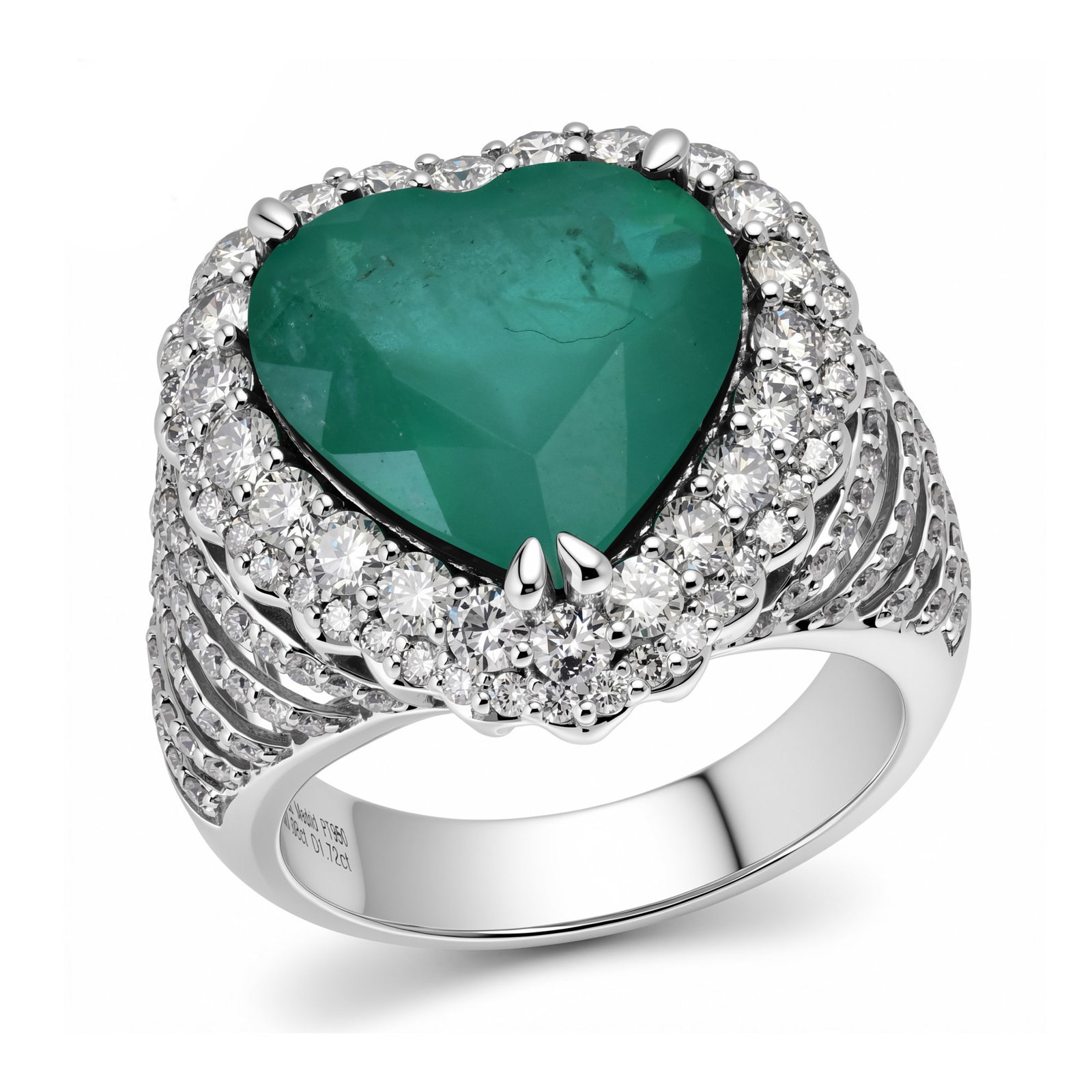 Platinum Ladies Ring with 7.08ct GIA Certified Heart Shaped Emerald and 1.72tcw Adjacent Diamonds: Retail: $42,590.00 ****** Platinum Ladies Ring with 7.08ct GIA Certified Heart Shaped Emerald and 1.72tcw Adjacent Diamonds ****** Size: 7 / Metal: Platinum / Total Item Weight: 14.8 Grams / Country M