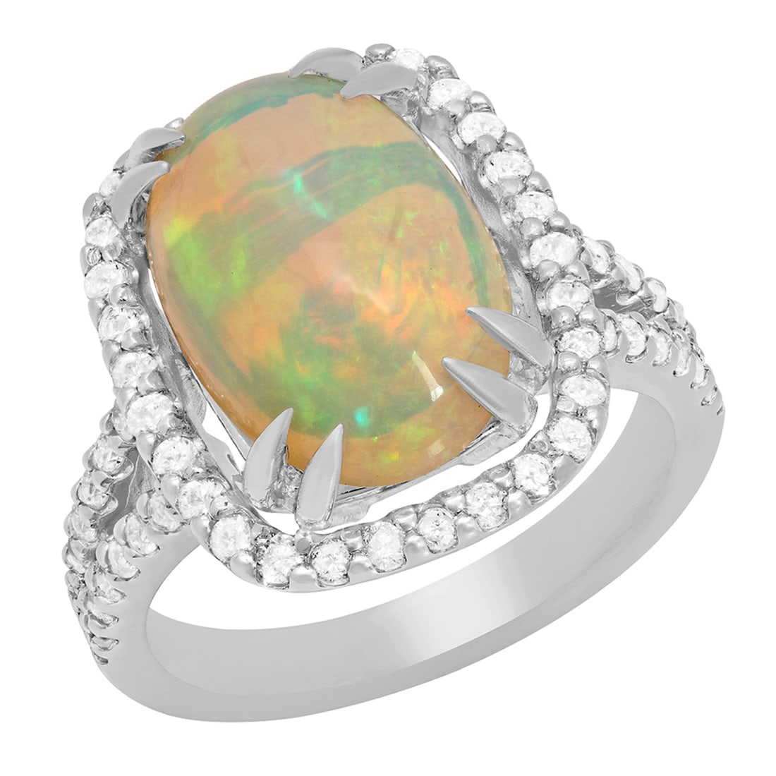 14k White Gold 5.12ct White Opal 1.02ct Diamond Ring: Retail: $11,250.00 ****** 14k White Gold 5.12ct White Opal 1.02ct Diamond Ring ****** Metal: 14K White Gold / Total Item Weight: 6.50 grams / Country Made: United States / / Main Stone: White Opal /