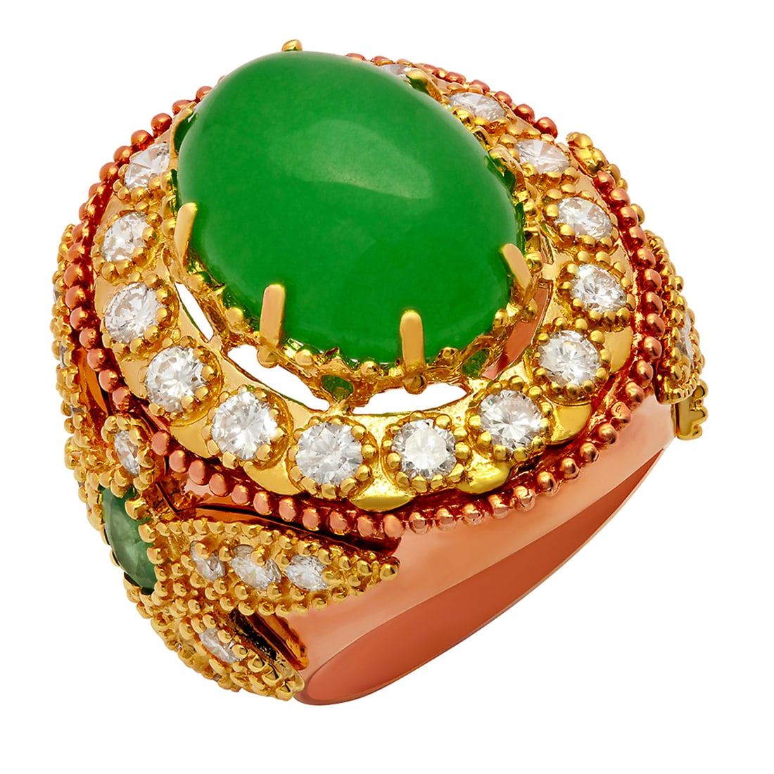14k Yellow & Rose Gold 8.97ct Jade 1.00ct Emerald 2.34ct Diamond Ring: Retail: $12,265.00 ****** 14k Yellow & Rose Gold 8.97ct Jade 1.00ct Emerald 2.34ct Diamond Ring ****** Metal: 14K Yellow & Rose Gold / Total Item Weight: 17.60 grams / Country Made: United States / /