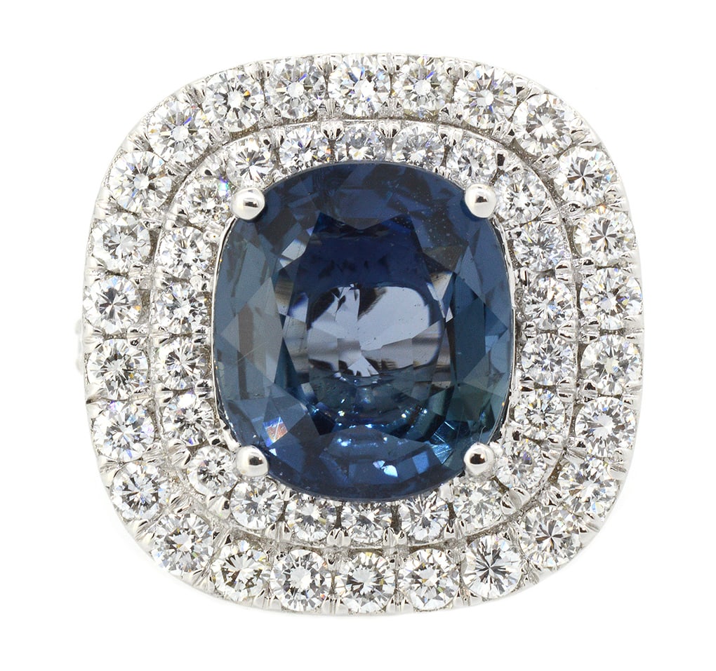 18K White Gold Ladies Ring with 7.20ct GIA Certified Sapphire and 2.18ct tw Adjacent Diamonds: Retail: $33,000.00 ****** 18K White Gold Ladies Ring with 7.20ct GIA Certified Sapphire and 2.18ct tw Adjacent Diamonds ****** Size: 6.5 / Metal: 18K White Gold / Total Item Weight: 13.8 Grams /