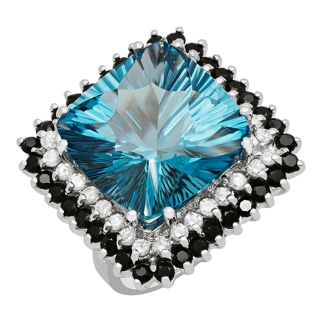 14k White Gold 17.58ct Blue Topaz 1.75ct Blue Sapphire 0.78ct Diamond Ring: Retail: $9,370.00 ****** 14k White Gold 17.58ct Blue Topaz 1.75ct Blue Sapphire 0.78ct Diamond Ring ****** Metal: 14K White Gold / Total Item Weight: 14.10 grams / Country Made: United States / / Main