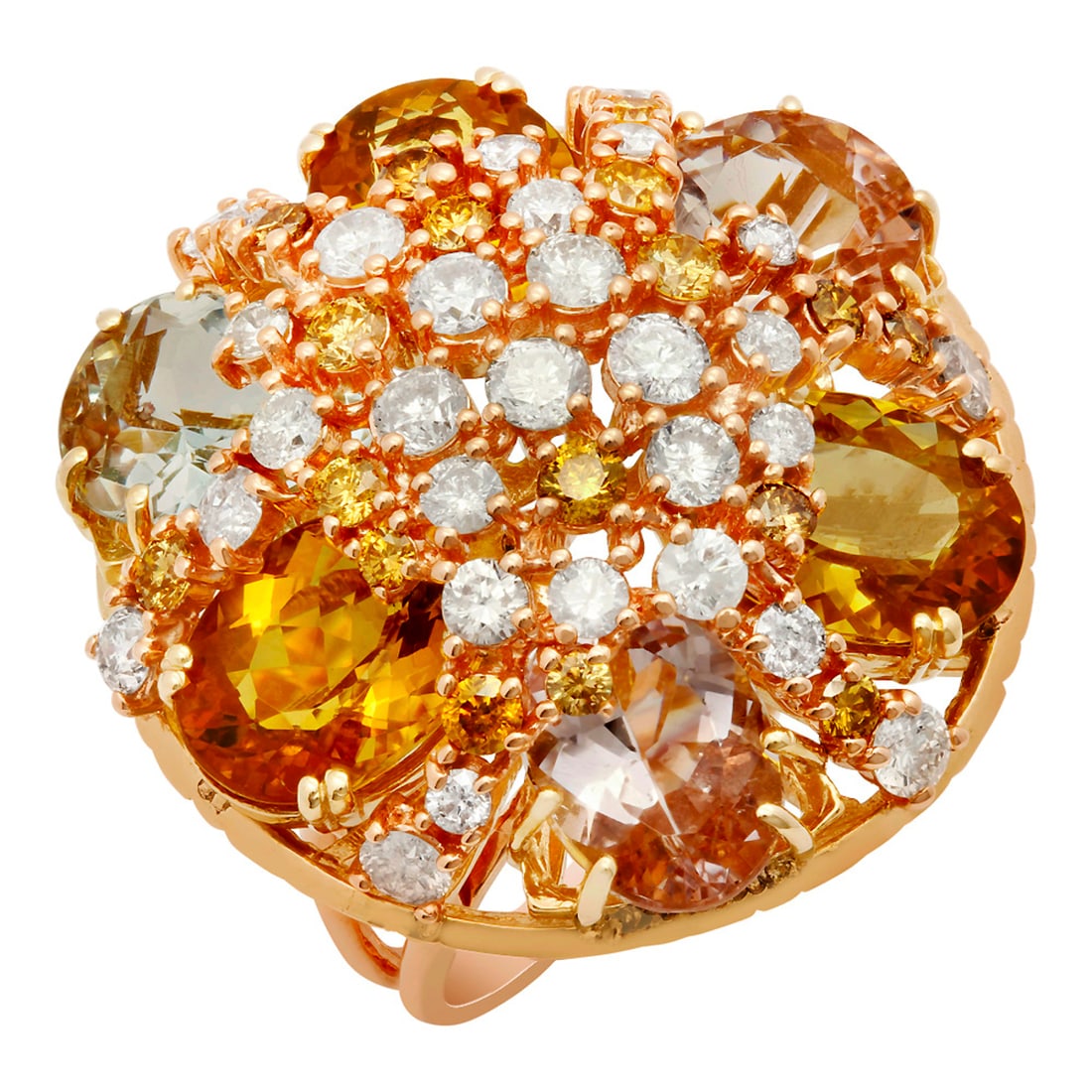 14k Yellow & Rose Gold 16.55ct Aquamarine, Morganite & Yellow Beryl 3.55ct Diamond Ring: Retail: $19,750.00 ****** 14k Yellow & Rose Gold 16.55ct Aquamarine, Morganite & Yellow Beryl 3.55ct Diamond Ring ****** Metal: 14K Yellow & Rose Gold / Total Item Weight: 19.70 grams / Country Made: 