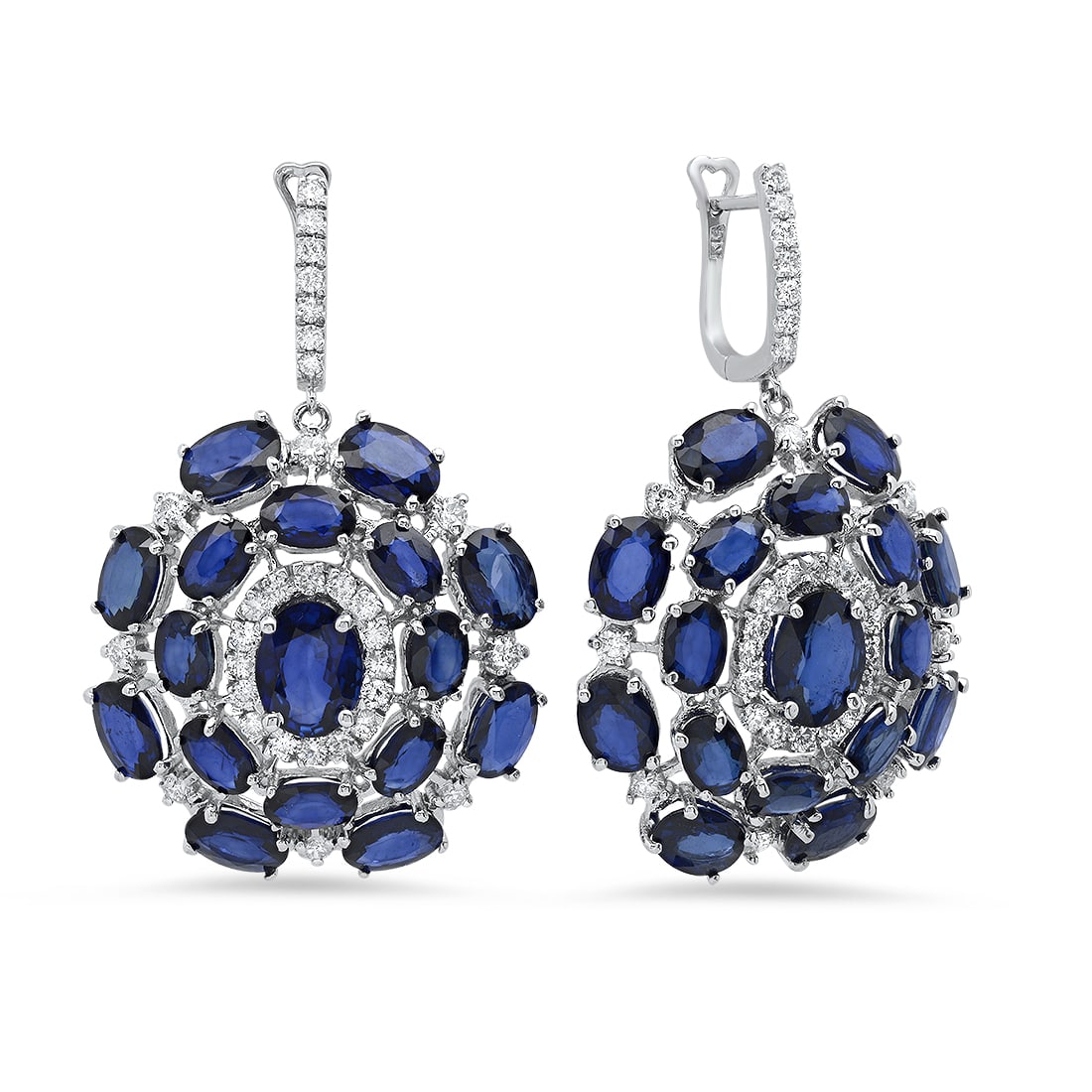 14K White Gold 36.40ct Sapphire and 1.90ct Diamond Earrings: Retail: $28,162.00 ****** 14K White Gold 36.40ct Sapphire and 1.90ct Diamond Earrings ****** Metal: 14K White Gold / Total Item Weight: 17.4 Grams / Country Made: United States / / Main Stone: Sapphir