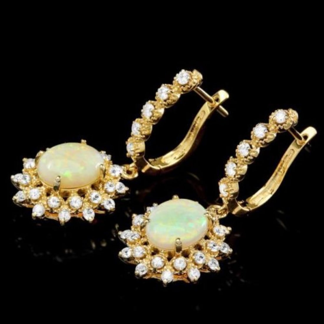 14K Gold 3.16ct Opal 1.71ct Diamond Earrings: Retail: $9,041.00 ****** 14K Gold 3.16ct Opal 1.71ct Diamond Earrings ****** Metal: 14K Yellow Gold / Total Item Weight: 7.4 Grams / Country Made: United States / / Main Stone: Opal / Color: Play of C