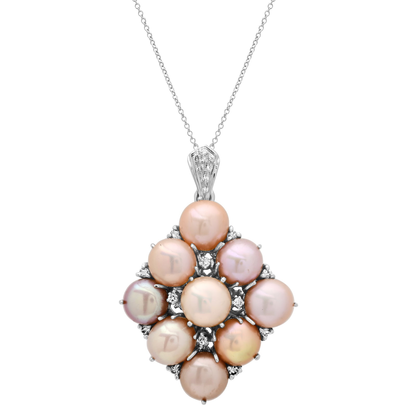 18K White Gold Setting with 9 10mm Cultured Pearls and 0.42ct Diamond Convertible Pendant/Broach (1 of 3)