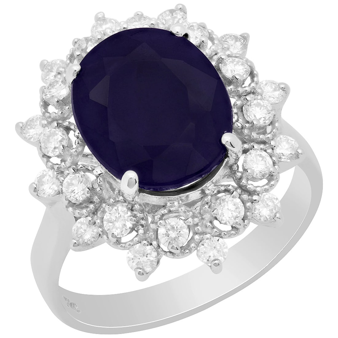 14k White Gold 5.28ct Sapphire 0.66ct Diamond Ring: Retail: $4,150.00 ****** 14k White Gold 5.28ct Sapphire 0.66ct Diamond Ring ****** Metal: 14K White Gold / Total Item Weight: 4.80 grams / Country Made: United States / / Main Stone: Sapphire /