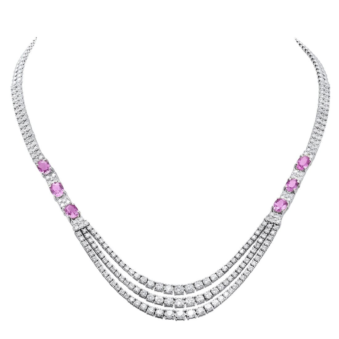 18K White Gold 9.83ct Diamond and 5.75ct Pink Sapphire Necklace: Retail: $41,885.00 ****** 18K White Gold 9.83ct Diamond and 5.75ct Pink Sapphire Necklace ****** Metal: 18K White Gold / Total Item Weight: 38.9 Grams / Country Made: United States / / Main Stone: Dia