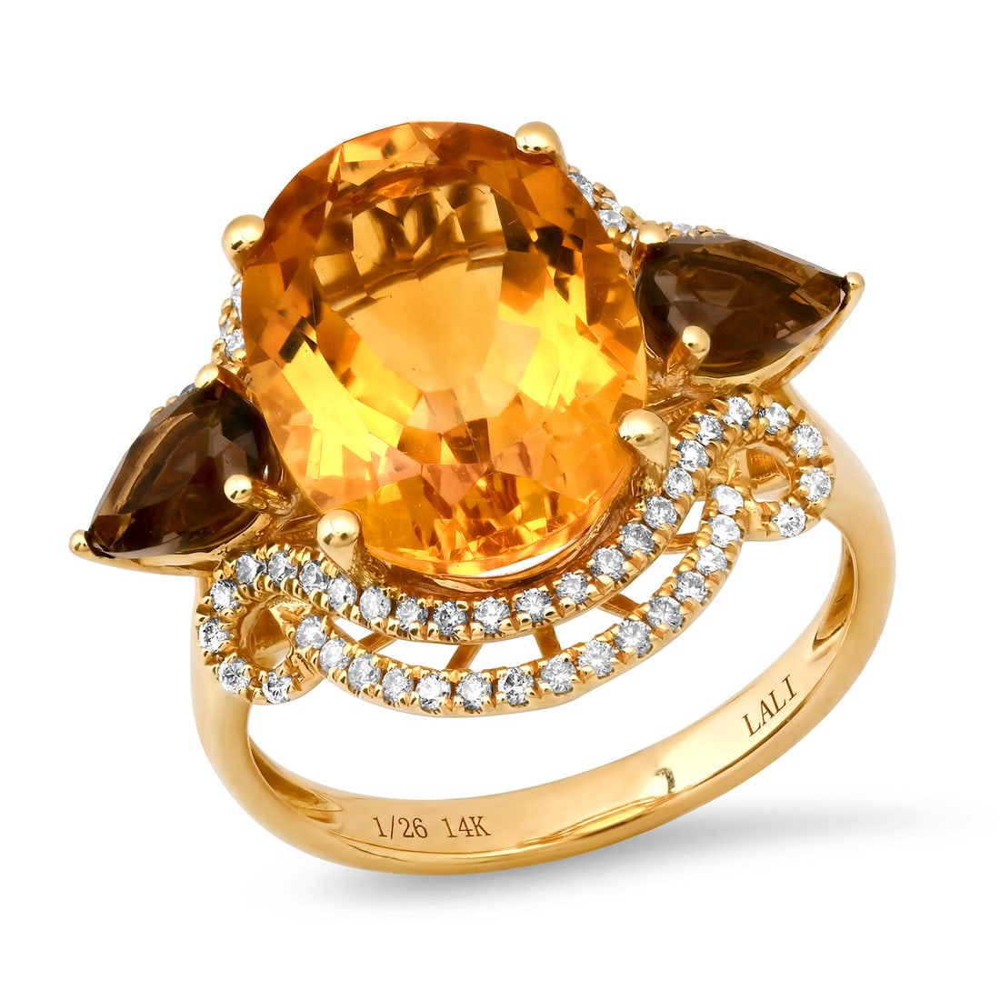 14K Yellow Gold Setting with 5.19ct Citrine, 0.80ct Smokey Quartz and 0.38ct Diamond Ladies Ring: Retail: $4,060.00 ****** 14K Yellow Gold Setting with 5.19ct Citrine, 0.80ct Smokey Quartz and 0.38ct Diamond Ladies Ring ****** Size: 7 (we offer free resizing to winning bidders) / Metal: 14K Yellow