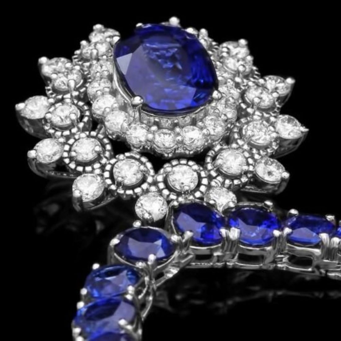 14K White Gold 43.87ct Sapphire and 1.62ct Diamond Necklace: Retail: $29,163.00 ****** 14K White Gold 43.87ct Sapphire and 1.62ct Diamond Necklace ****** Metal: 14K White Gold / Total Item Weight: 34.5 Grams / Country Made: United States / / Main Stone: Sapphir