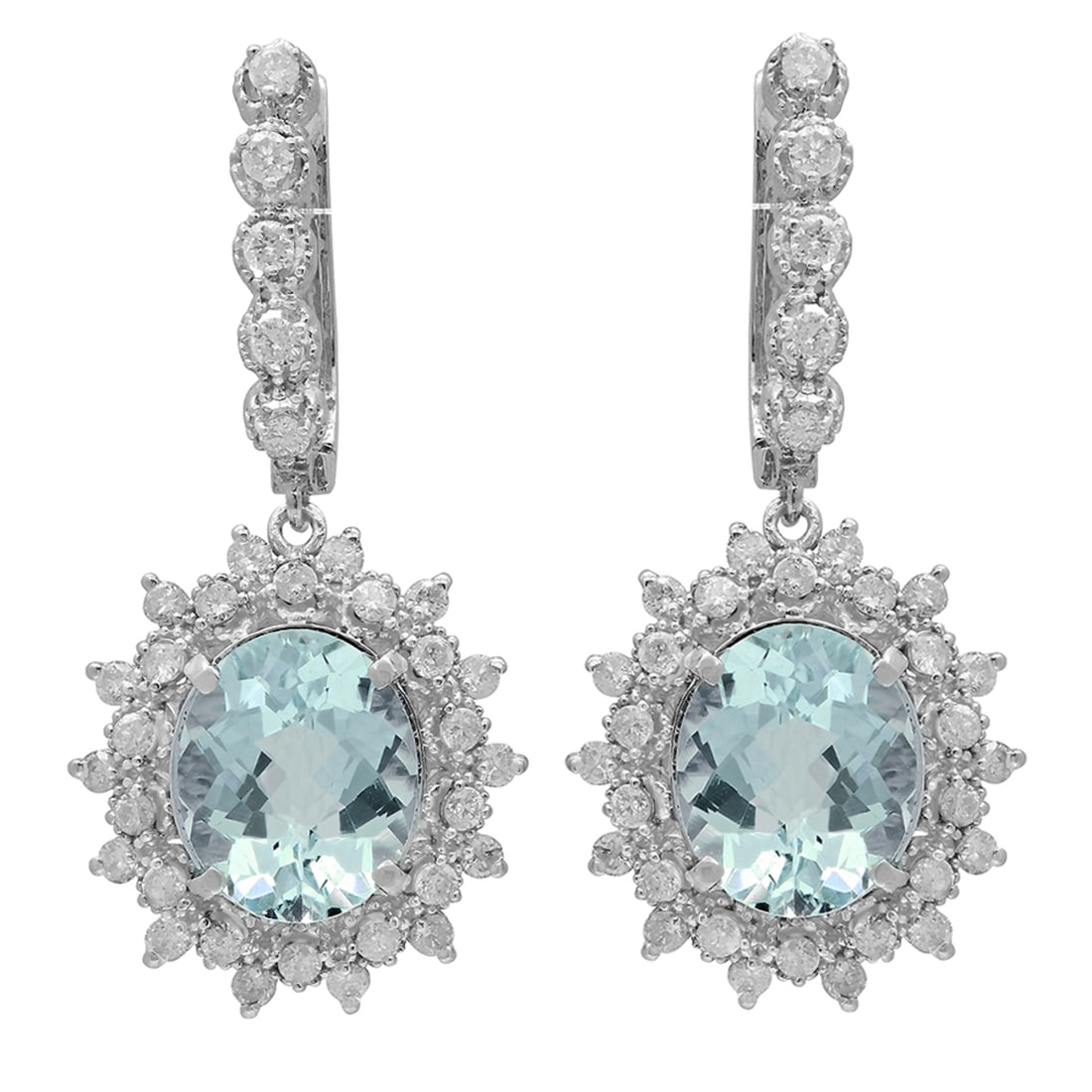 14k White Gold 6.41ct Aquamarine 1.58ct Diamond Earrings: Retail: $8,280.00 ****** 14k White Gold 6.41ct Aquamarine 1.58ct Diamond Earrings ****** Metal: 14K White Gold / Total Item Weight: 9.63 grams / Country Made: United States / / Main Stone: Aquamarine
