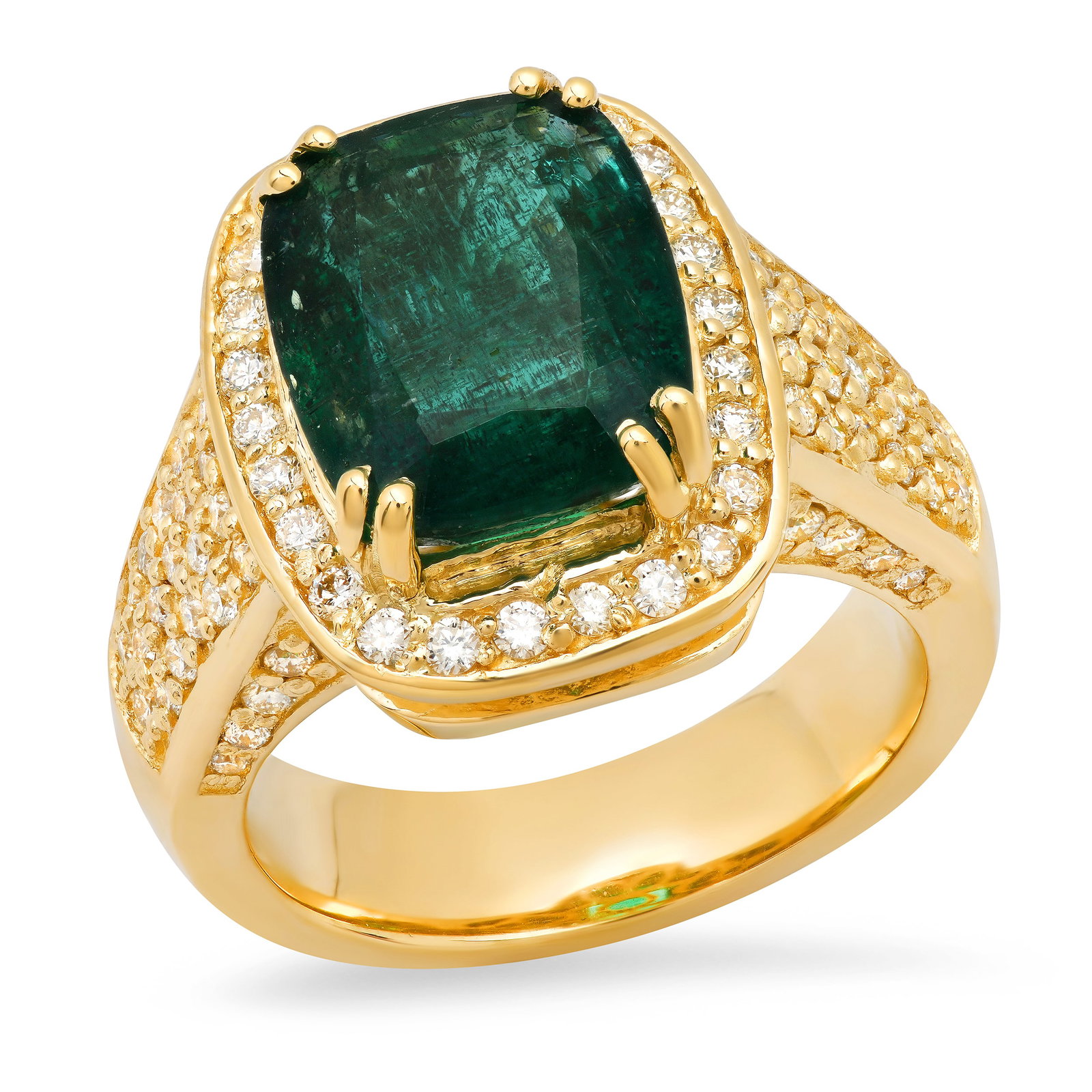 14K Yellow Gold 5.87ct Emerald and 1.43ct Diamond Ring: Retail: $30,663.00 ****** 14K Yellow Gold 5.87ct Emerald and 1.43ct Diamond Ring ****** Size: 7 (we offer free resizing to winning bidders) / Metal: 14K Yellow Gold / Total Item Weight: 13.7 Grams /