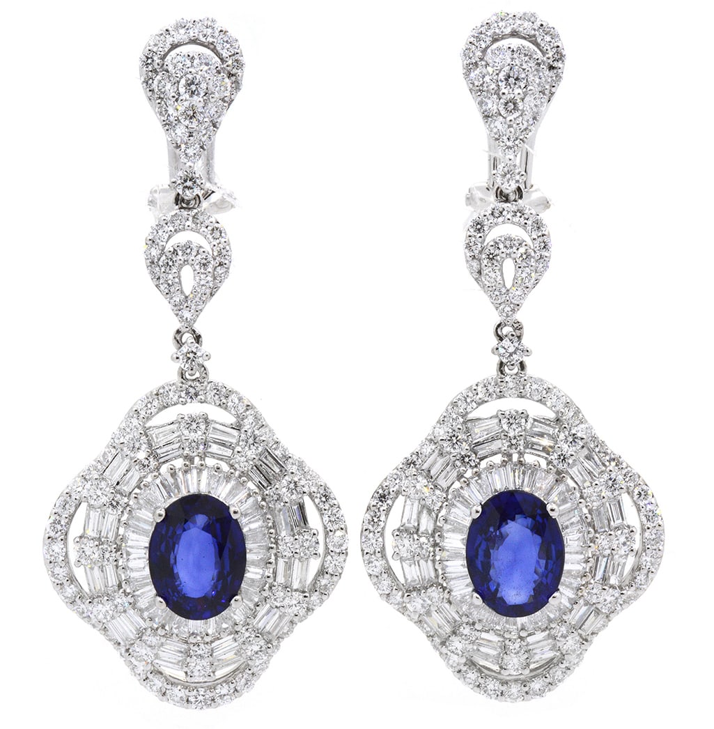 18K White Gold Ladies Earrings with 3.73ct tw Sapphires and 4.45ct tw Adjacent Diamonds: Retail: $16,000.00 ****** 18K White Gold Ladies Earrings with 3.73ct tw Sapphires and 4.45ct tw Adjacent Diamonds ****** Size: 2 / Metal: 18K White Gold / Total Item Weight: 12.8 Grams / Country Made: