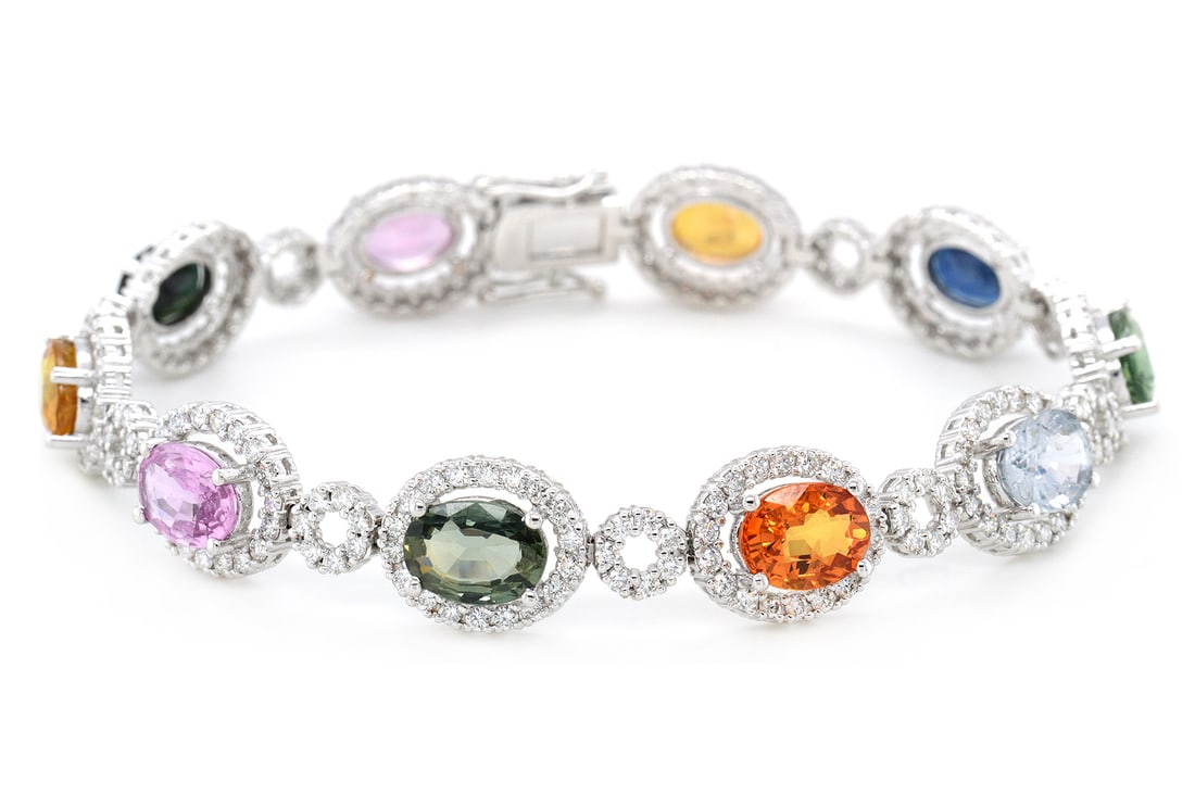 14K White Gold Ladies Bracelet with 15.01tcw Sapphires and 3.19tcw Diamonds: Retail: $18,500.00 ****** 14K White Gold Ladies Bracelet with 15.01tcw Sapphires and 3.19tcw Diamonds ****** Size: 7 / Metal: 14K White Gold / Total Item Weight: 16.4 Grams / Country Made: United