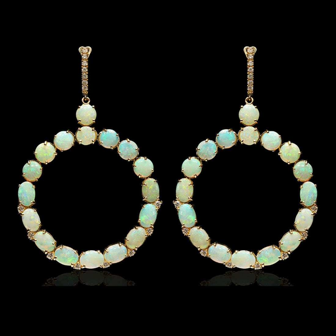14k Yellow Gold 28.44ct Opal 0.80ct Diamond Earrings: Retail: $21,100.00 ****** 14k Yellow Gold 28.44ct Opal 0.80ct Diamond Earrings ****** Metal: 14K Yellow Gold / Total Item Weight: 18.2 grams / Country Made: United States / / Main Stone: Opal /